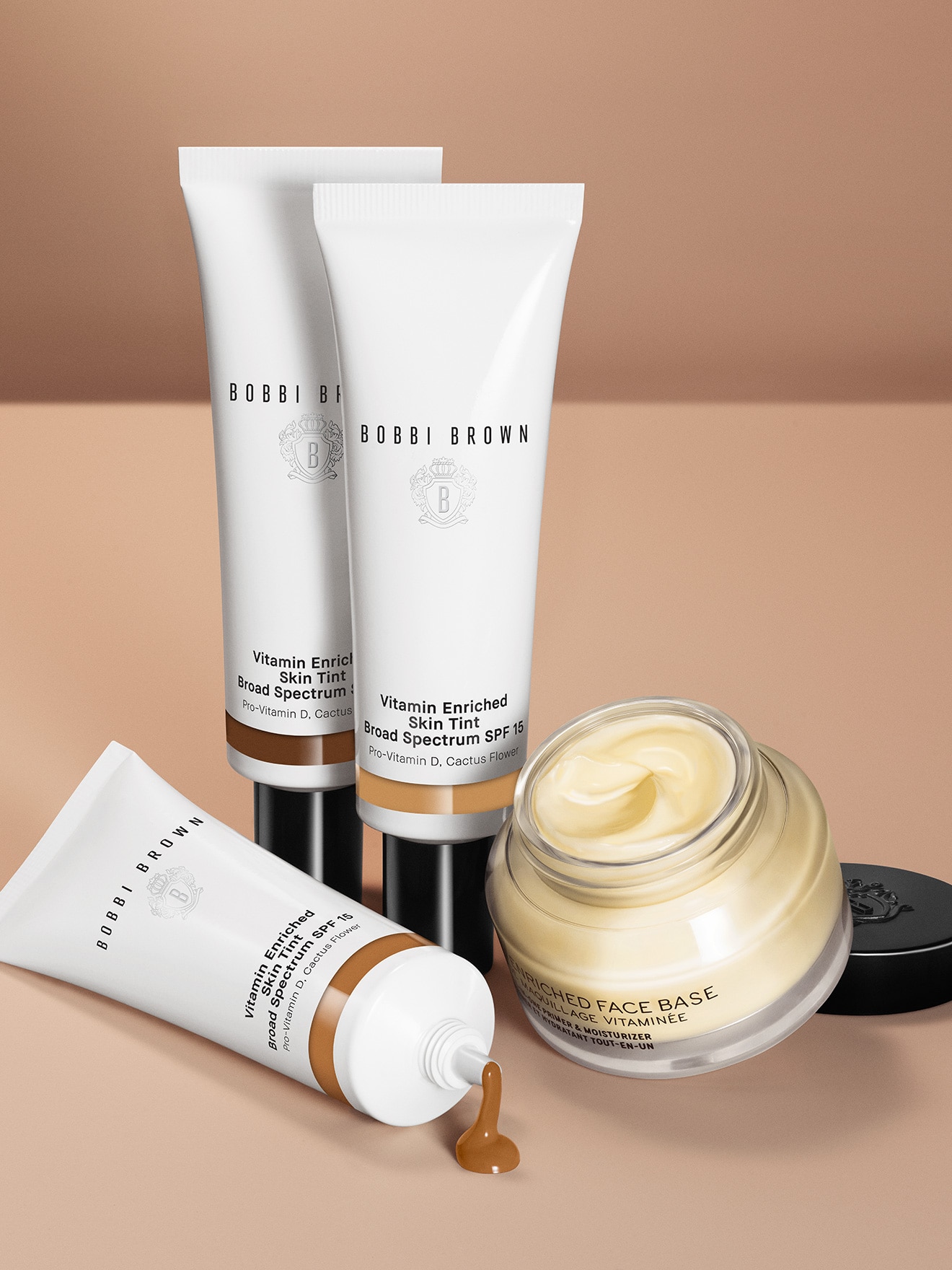 Multiple Vitamin Enriched Skin Tints dynamically placed next to our bestselling Vitamin Enriched Face Base
